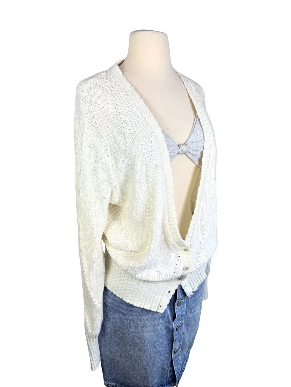 Vintage 90s White Pointelle Knit Cardigan USA Made Oversized Size M
